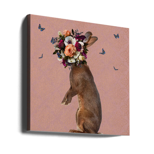 Spring Flower Bonnet On Rabbit by Sue Skellern Square Canvas Print Art for Modern Home Decor. Decorate your office or living room with canvas artwork
