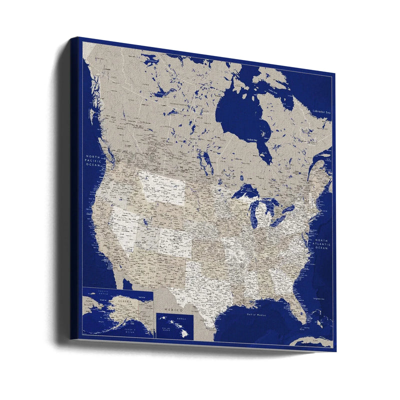 Highly detailed map of the United States, Kameryn by Rosana Laiz Blursbyai Square Canvas Print Art for Modern Home Decor. Decorate your office or living room with canvas artwork