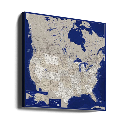 Highly detailed map of the United States, Kameryn by Rosana Laiz Blursbyai Square Canvas Print Art for Modern Home Decor. Decorate your office or living room with canvas artwork