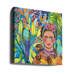 Frida and her parrots by Caroline Bonne Müller Square Canvas Print Art for Modern Home Decor. Decorate your office or living room with canvas artwork