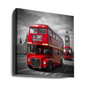 LONDON Red Buses on Westminster Bridge by Melanie Viola Square Canvas Print Art for Modern Home Decor. Decorate your office or living room with canvas artwork