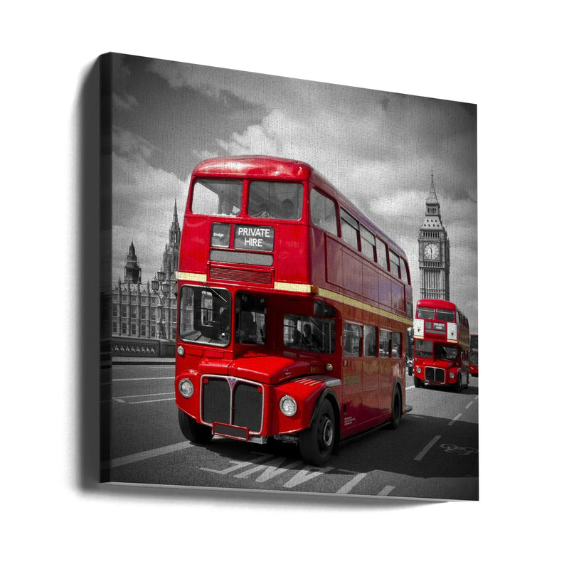 LONDON Red Buses on Westminster Bridge by Melanie Viola Square Canvas Print Art for Modern Home Decor. Decorate your office or living room with canvas artwork