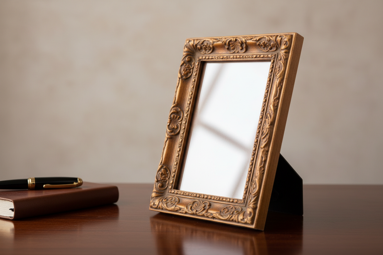 Traditional ornate warm gold picture frame displayed on a desk