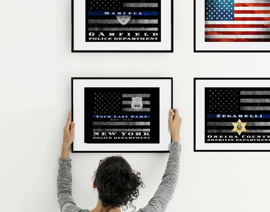 Framed NYPD Thin Blue Line Flag Customized Police officer gift Art