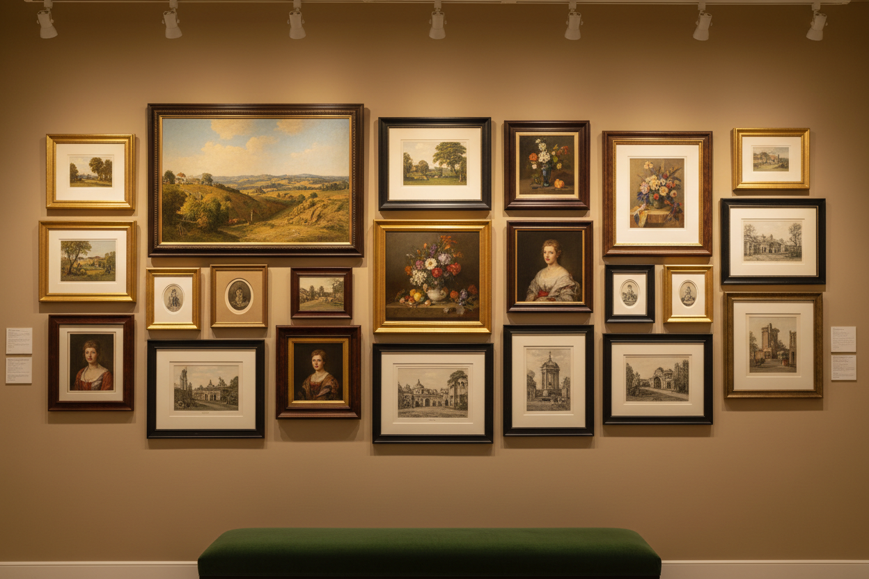 gallery wall of classic artwork framed and matted in custom picture frames