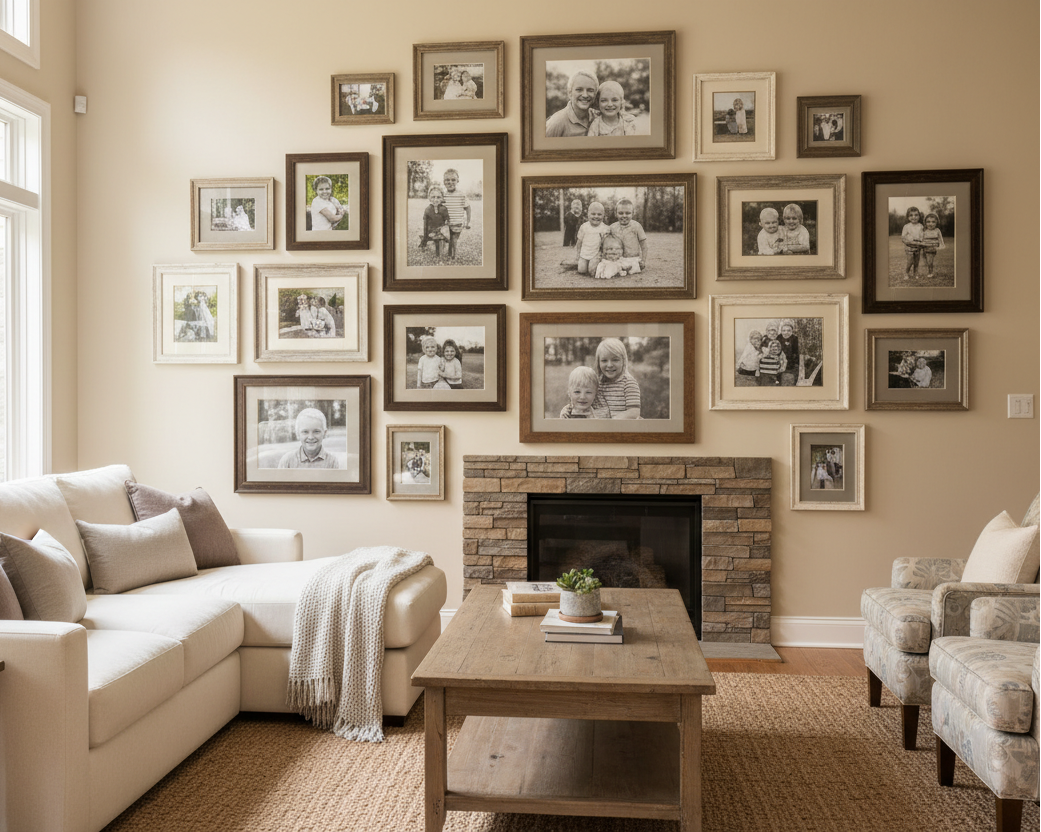 Warm living room with a family photo gallery wall in coordinated picture frames