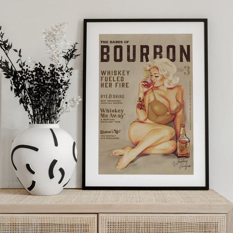 Bourbon Wall Art. Sexy Vintage Pin Up Girl Drinking Whiskey - The Whiskey Ginger Framed Art | Home or Office Art
