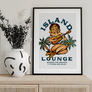 Island Lounge Tropical Pin Up Girl Playing Guitar - The Whiskey Ginger Framed Art | Home or Office Art