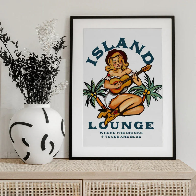 Island Lounge Tropical Pin Up Girl Playing Guitar - The Whiskey Ginger Framed Art | Home or Office Art