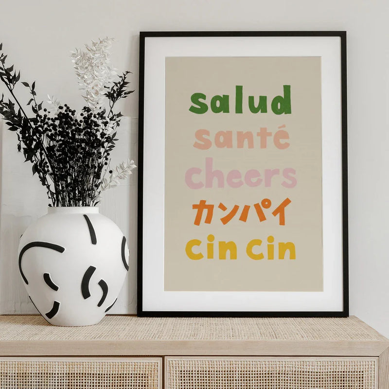 Cheers Typography - Salud Santé Cheers Kanpai Cin cin - Rio Soléy Framed Art | Home or Office Art
