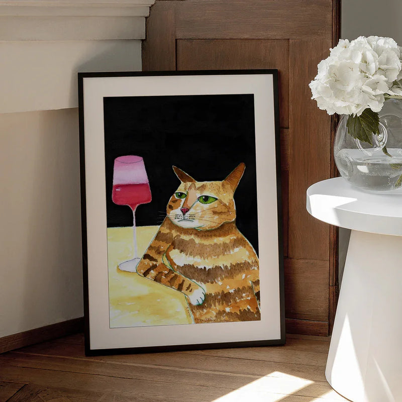Cat Friday Night Drinks Wine Funny Cat Humour - Sharyn Bursic Framed Art | Home or Office Art