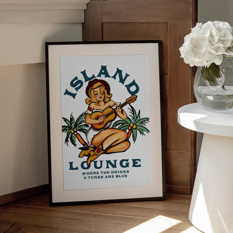 Island Lounge Tropical Pin Up Girl Playing Guitar - The Whiskey Ginger Framed Art | Home or Office Art