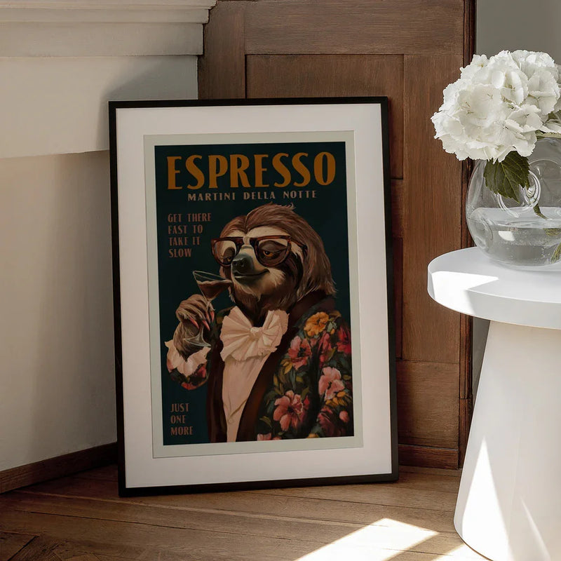 Art Deco Espresso Martini Drinking Sloth - The Whiskey Ginger Framed Art | Home or Office Art
