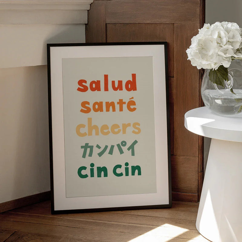 Cheers Typography - Salud Santé Cheers Kanpai Cin cin - Rio Soléy Framed Art | Home or Office Art