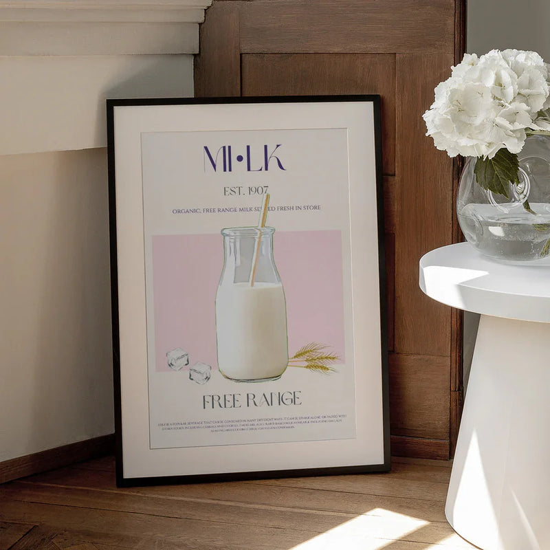 Organic Free Range Milk in a Clear Bottle with Straw - Nazma Khokhar Framed Art | Home or Office Art