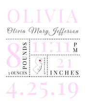Newborn Baby Nursery Personalized Framed Art Print Baby Birth Stats