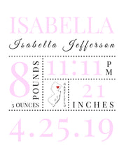 Newborn Baby Nursery Personalized Framed Art Print Baby Birth Stats