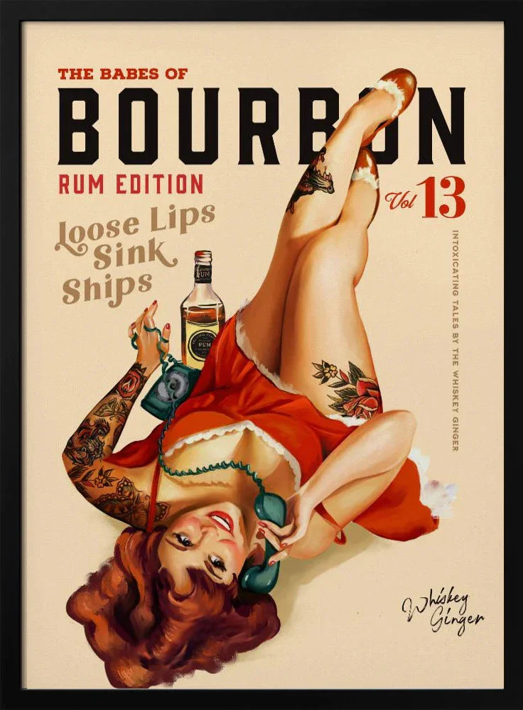 Babes of Bourbon Vol 13 Rum Drinking Pinup Girl Art - The Whiskey Ginger Framed Art | Home or Office Art