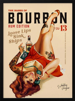 Babes of Bourbon Vol 13 Rum Drinking Pinup Girl Art - The Whiskey Ginger Framed Art | Home or Office Art