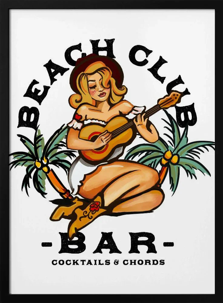 Beach Club Bar. Sailor Jerry Style Pin-up Girl Playing Guitar - The Whiskey Ginger Framed Art | Home or Office Art