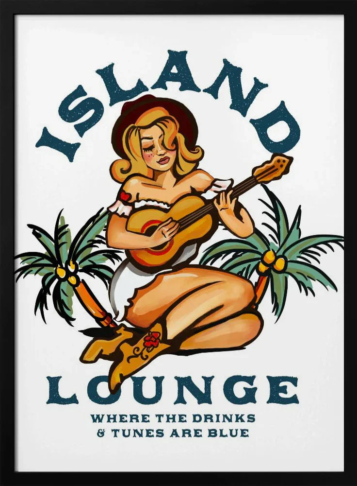 Island Lounge Tropical Pin Up Girl Playing Guitar - The Whiskey Ginger Framed Art | Home or Office Art