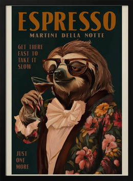 Art Deco Espresso Martini Drinking Sloth - The Whiskey Ginger Framed Art | Home or Office Art