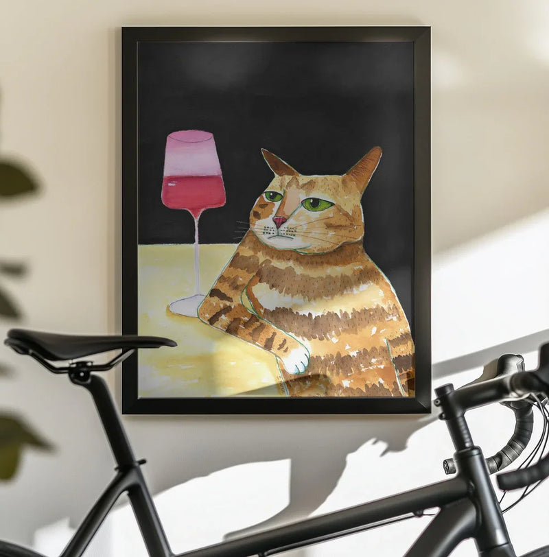 Cat Friday Night Drinks Wine Funny Cat Humour - Sharyn Bursic Framed Art | Home or Office Art