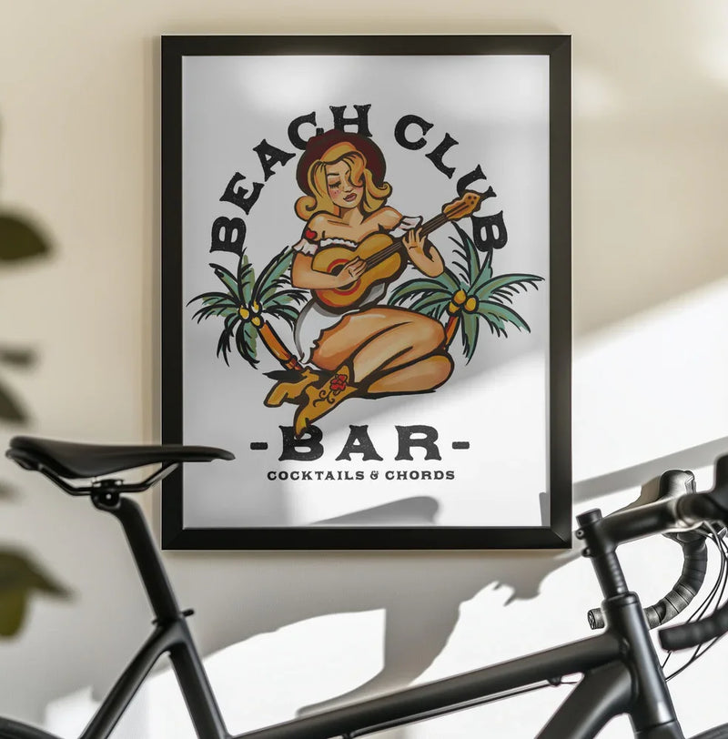 Beach Club Bar. Sailor Jerry Style Pin-up Girl Playing Guitar - The Whiskey Ginger Framed Art | Home or Office Art