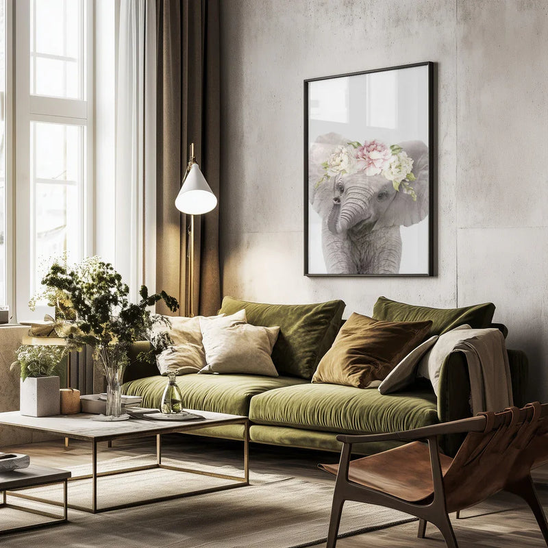 Floral Baby Elephant Framed Art Lola Peacock | Home or Office Art