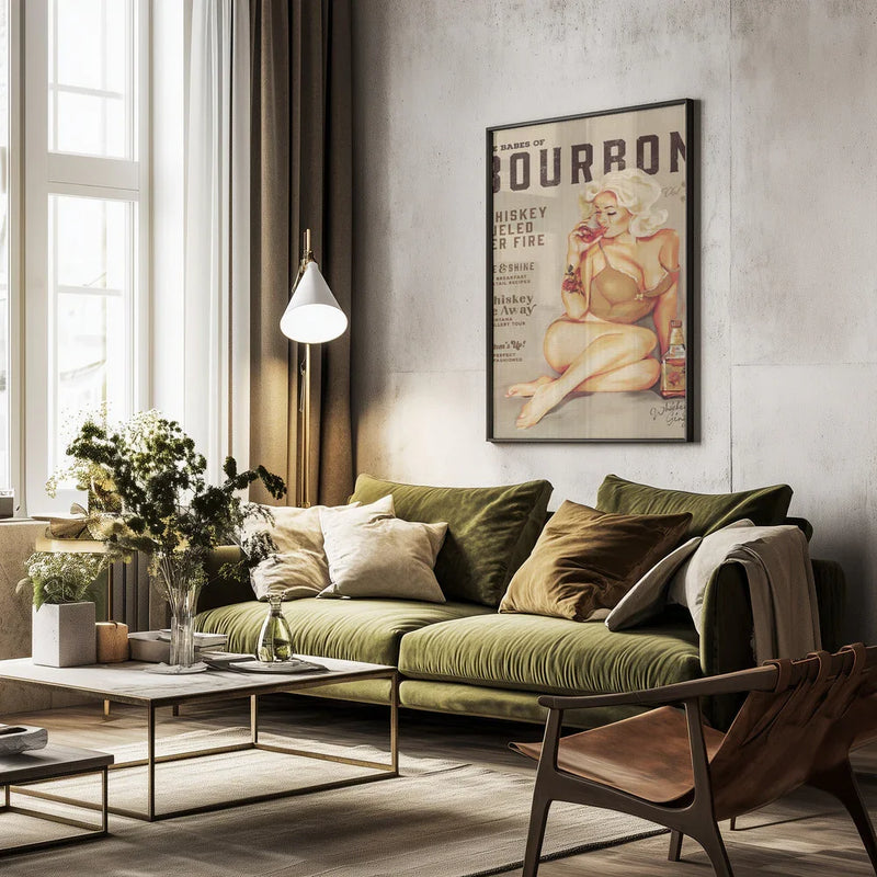 Bourbon Wall Art. Sexy Vintage Pin Up Girl Drinking Whiskey - The Whiskey Ginger Framed Art | Home or Office Art