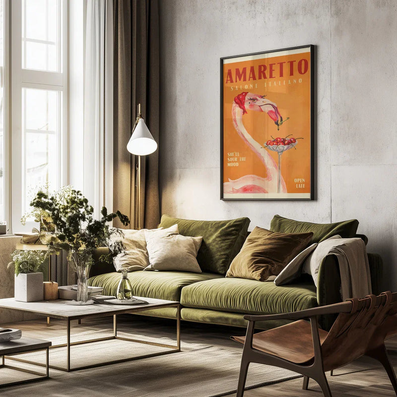 Amaretto Flamingo Art Deco Italian Cafe Travel Art - The Whiskey Ginger Framed Art | Home or Office Art