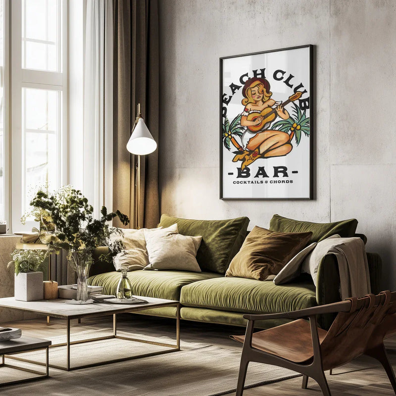 Beach Club Bar. Sailor Jerry Style Pin-up Girl Playing Guitar - The Whiskey Ginger Framed Art | Home or Office Art