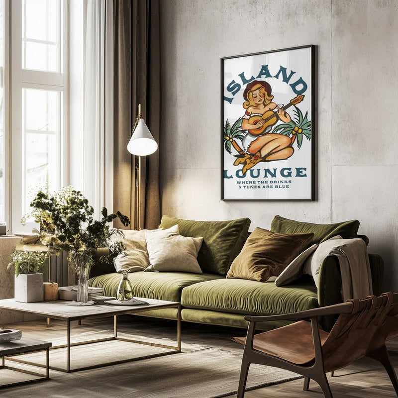 Island Lounge Tropical Pin Up Girl Playing Guitar - The Whiskey Ginger Framed Art | Home or Office Art