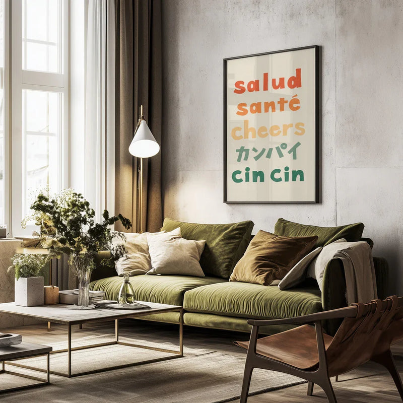 Cheers Typography - Salud Santé Cheers Kanpai Cin cin - Rio Soléy Framed Art | Home or Office Art