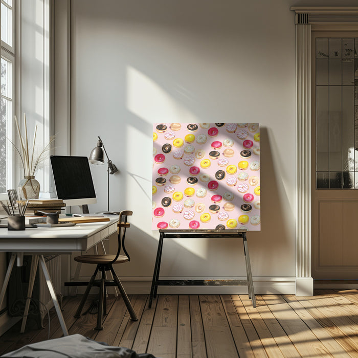 Watercolor donuts pattern in pink Square Canvas Art Print