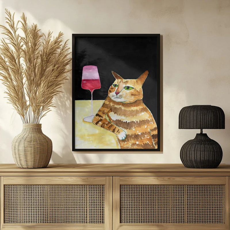 Cat Friday Night Drinks Wine Funny Cat Humour - Sharyn Bursic Framed Art | Home or Office Art