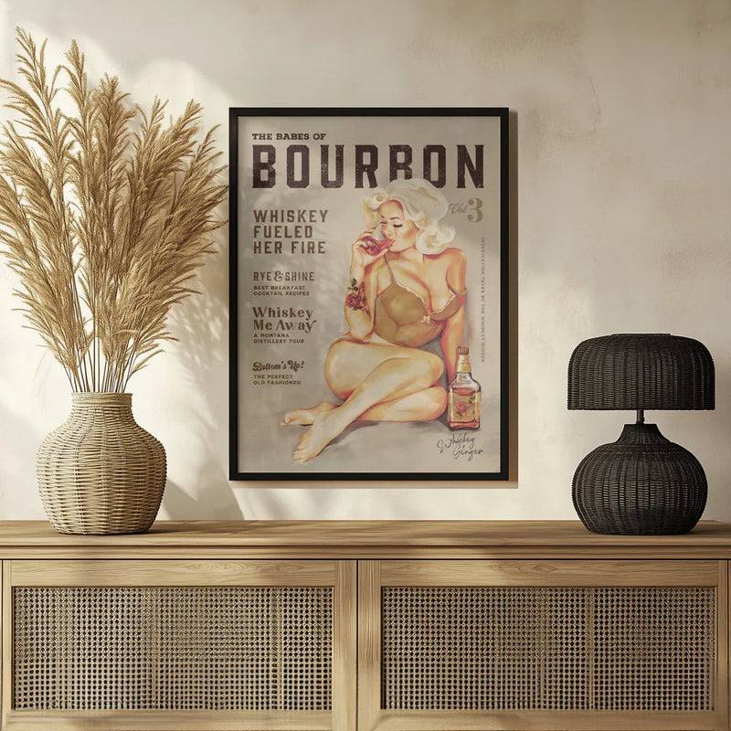 Bourbon Wall Art. Sexy Vintage Pin Up Girl Drinking Whiskey - The Whiskey Ginger Framed Art | Home or Office Art