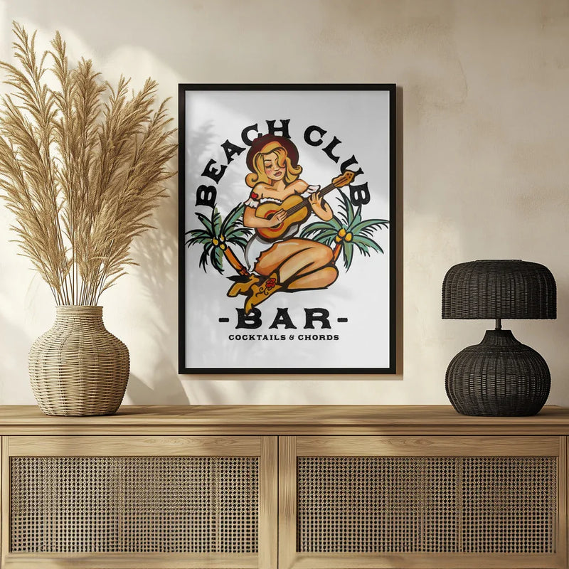 Beach Club Bar. Sailor Jerry Style Pin-up Girl Playing Guitar - The Whiskey Ginger Framed Art | Home or Office Art