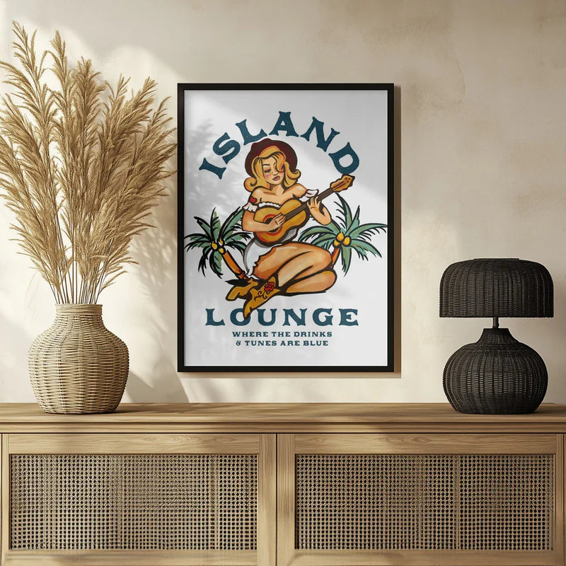 Island Lounge Tropical Pin Up Girl Playing Guitar - The Whiskey Ginger Framed Art | Home or Office Art