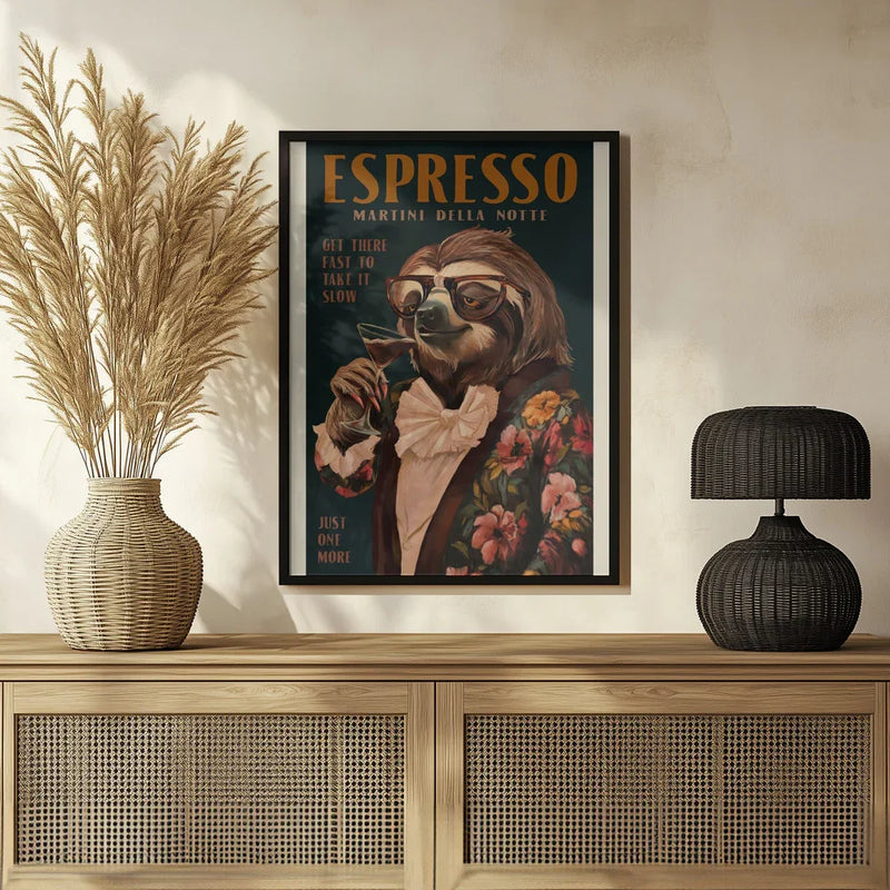 Art Deco Espresso Martini Drinking Sloth - The Whiskey Ginger Framed Art | Home or Office Art