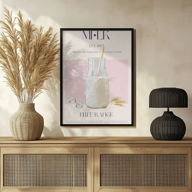 Organic Free Range Milk in a Clear Bottle with Straw - Nazma Khokhar Framed Art | Home or Office Art