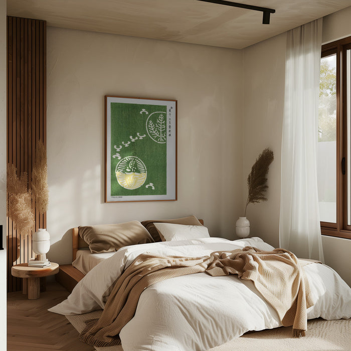 Woodblock Print Green Framed Art Modern Wall Decor