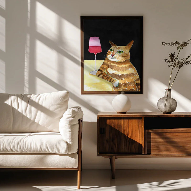 Cat Friday Night Drinks Wine Funny Cat Humour - Sharyn Bursic Framed Art | Home or Office Art