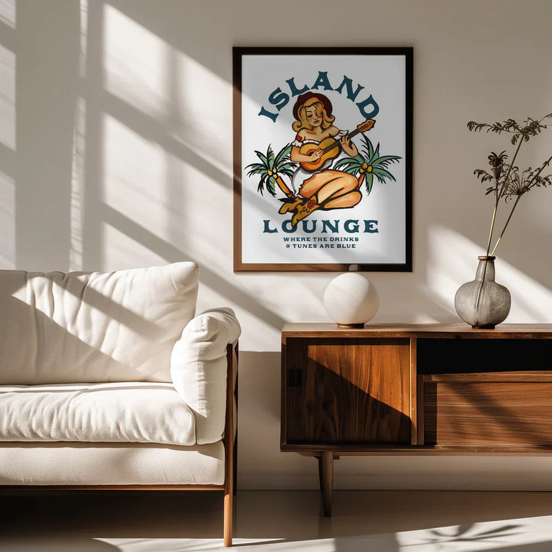 Island Lounge Tropical Pin Up Girl Playing Guitar - The Whiskey Ginger Framed Art | Home or Office Art