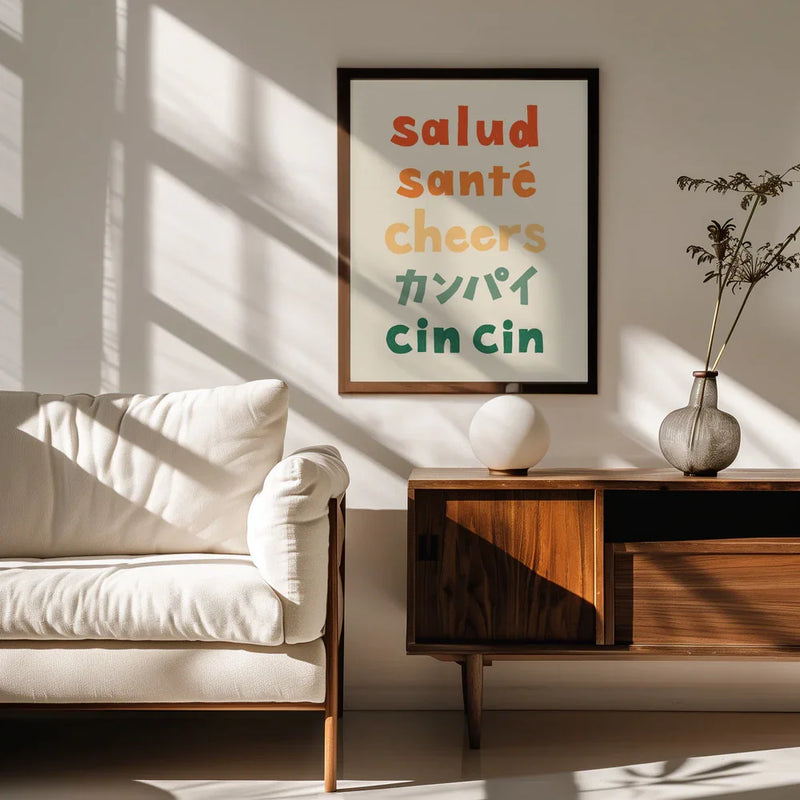 Cheers Typography - Salud Santé Cheers Kanpai Cin cin - Rio Soléy Framed Art | Home or Office Art