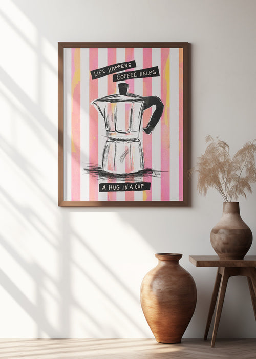 Mocca Coffee on Stripes - Hug in a Cup Framed Art Modern Wall Decor