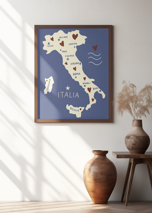 Italiy Map Framed Art Modern Wall Decor