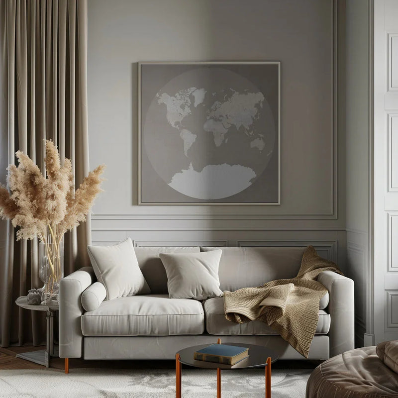 The world map in a circle muted brown Square Canvas Art Print  ModernMemoryDesign.com 