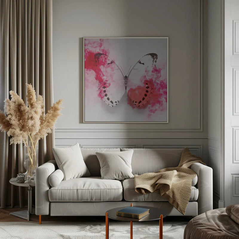 White Morpho Butterfly With Crimson Ink by Alyson Fennell Square Canvas Print Art for Modern Home Decor. Decorate your office or living room with canvas artwork