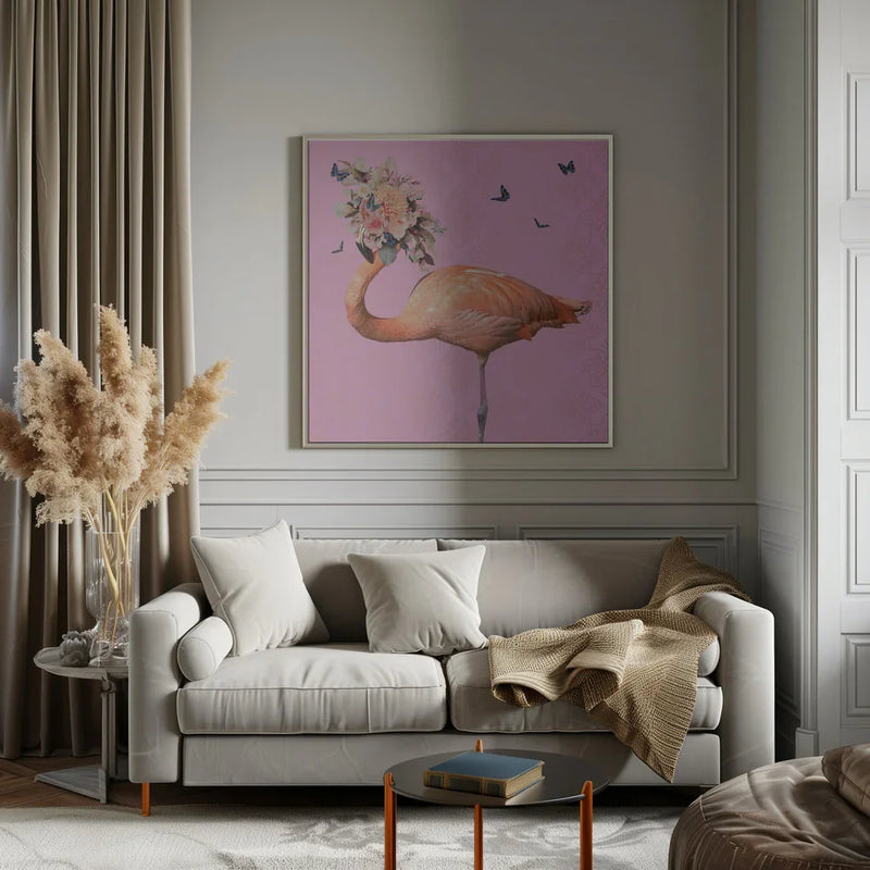 Spring Flower Bonnet On Flamingo by Sue Skellern Square Canvas Print Art for Modern Home Decor. Decorate your office or living room with canvas artwork